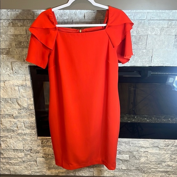 Trina Turk Red Orange Sheath Party Dress, Square Neckline Tiered Sleeves, size 4 - Picture 1 of 13